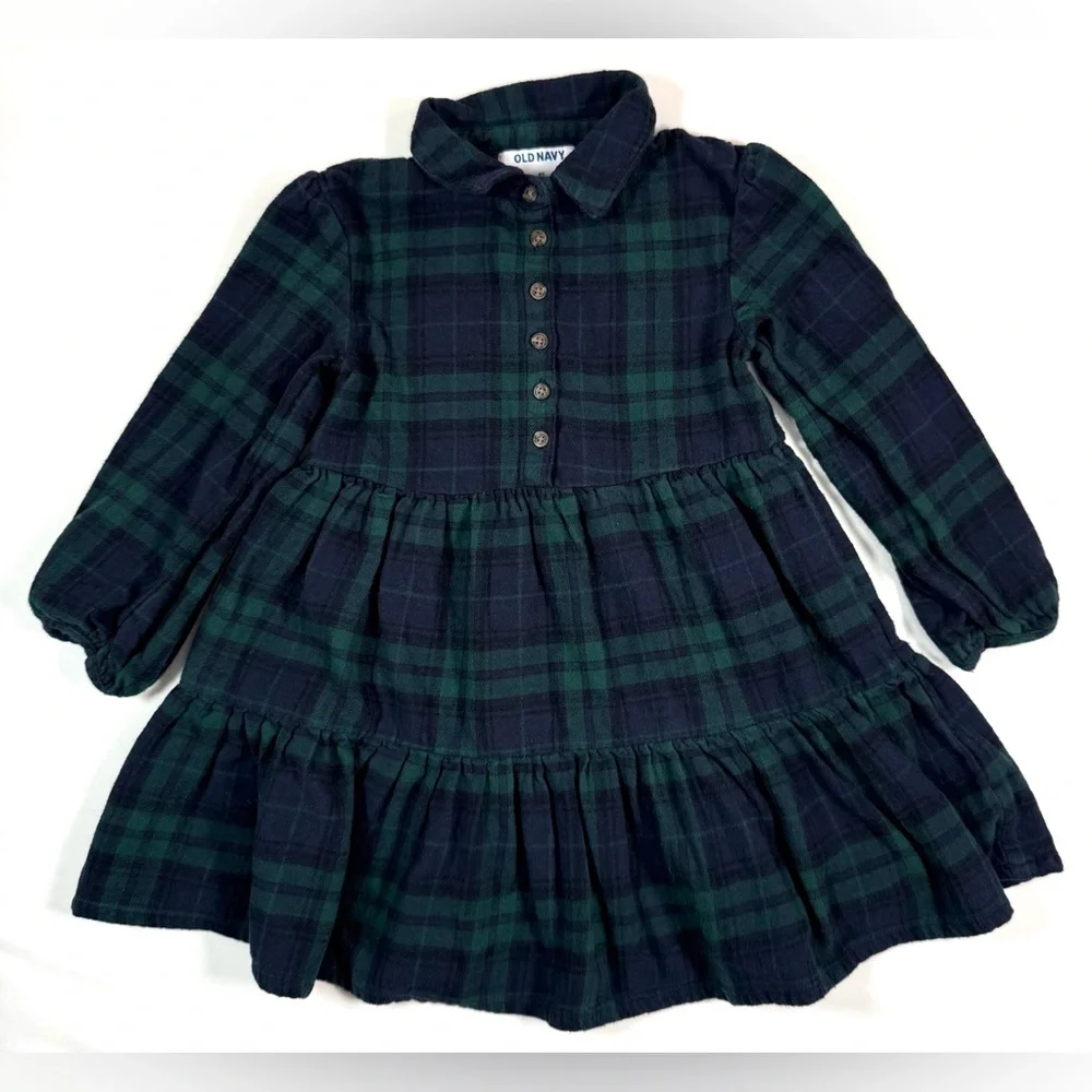 OLD NAVY Girls Plaid Flannel Tiered Dress 4T Green Navy Blackwatch Preppy Fall